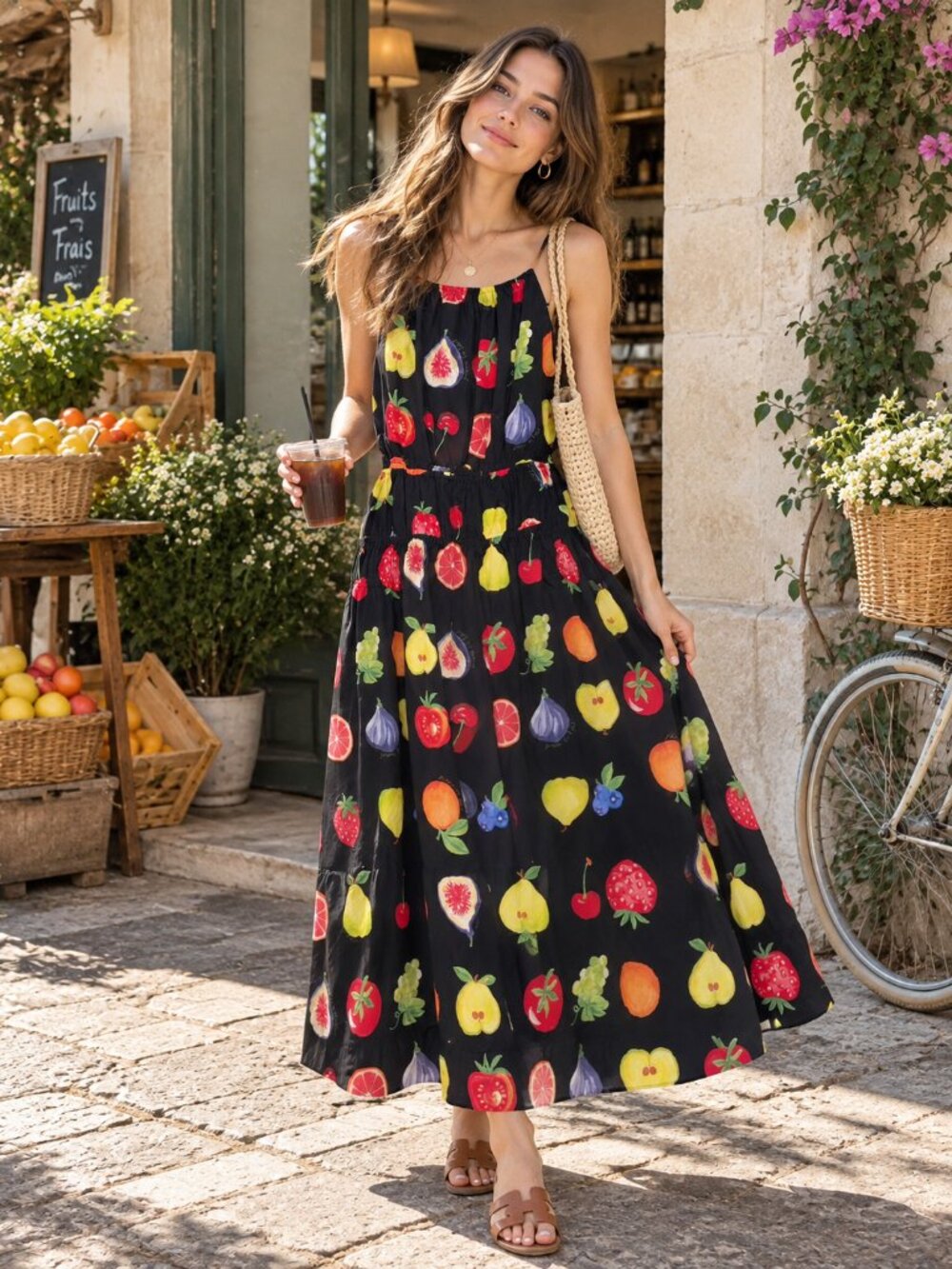 Jacquie The Label Melody Fruit Print Lace Up Back Maxi Dress Black